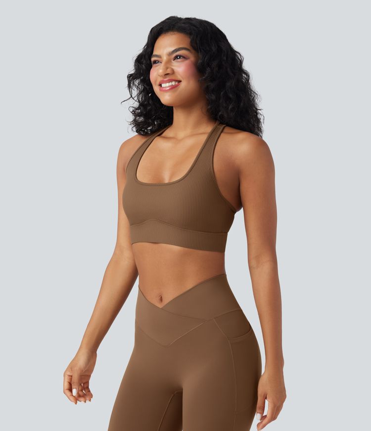 Ribbed Knit Light Support U-Neck Cut-Out Back Yoga Sports Bra