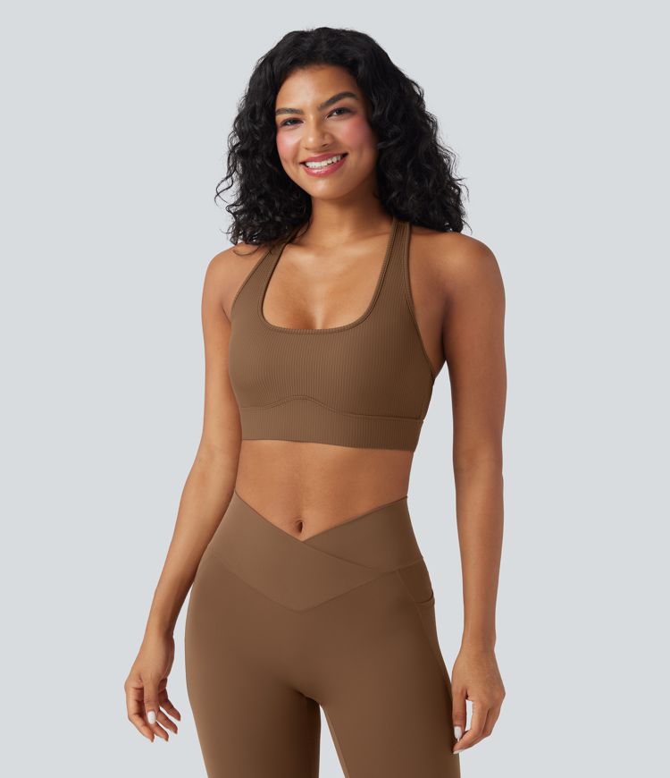 Ribbed Knit Light Support U-Neck Cut-Out Back Yoga Sports Bra