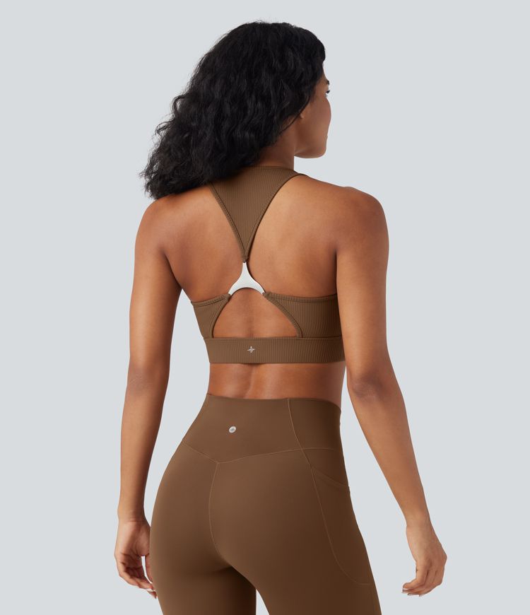 Ribbed Knit Light Support U-Neck Cut-Out Back Yoga Sports Bra