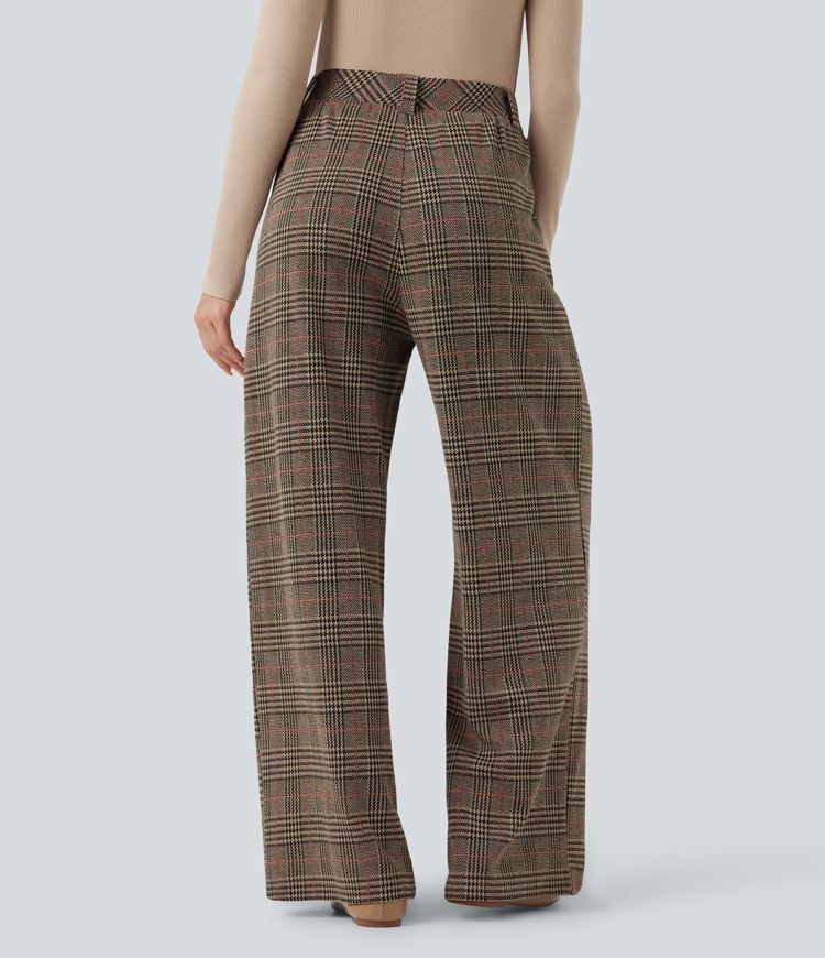 High Waisted Pocket Wide Leg Houndstooth Plaid Casual Pants