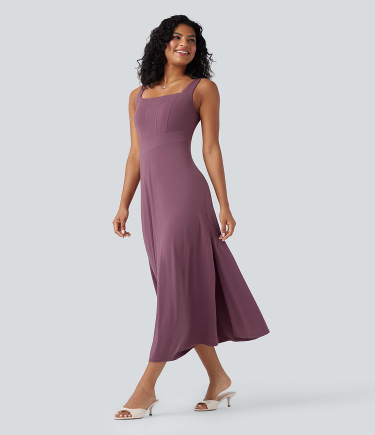 Square Neck Sleeveless Scoop Back Split Midi Dress