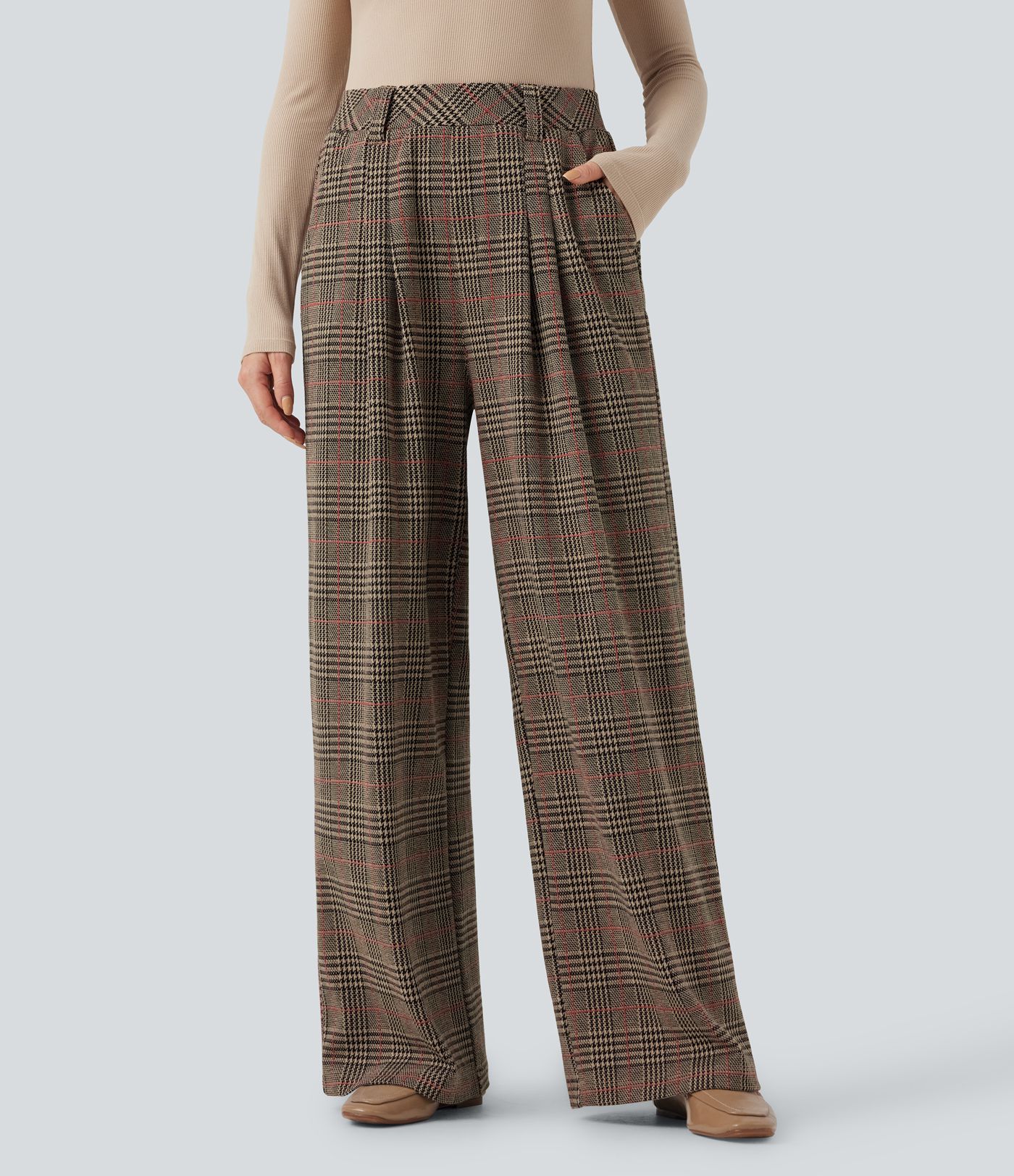 High Waisted Pocket Wide Leg Houndstooth Plaid Casual Pants