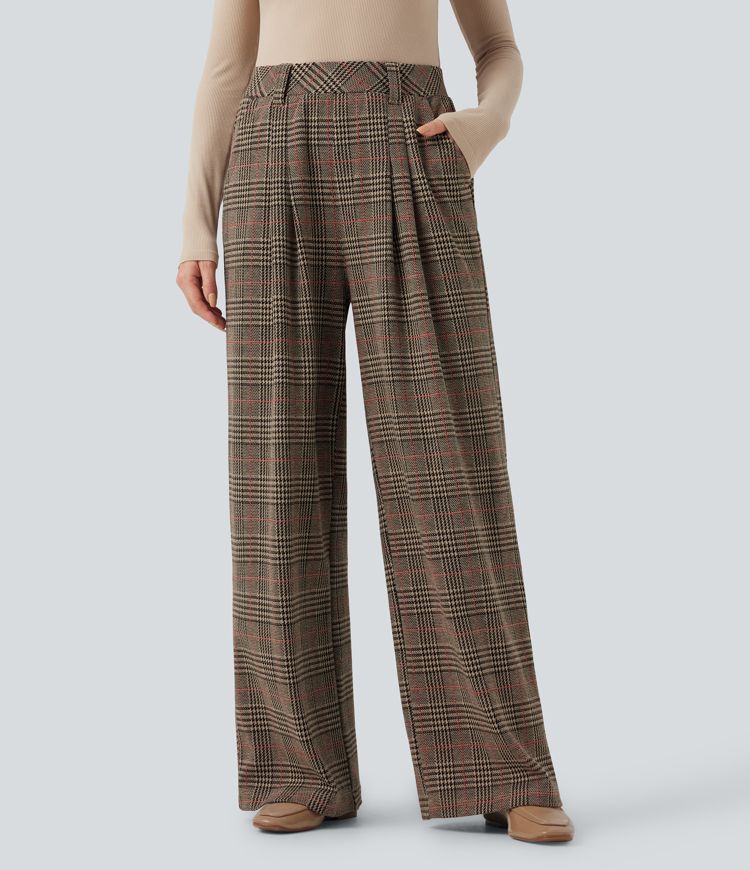 High Waisted Pocket Wide Leg Houndstooth Plaid Casual Pants