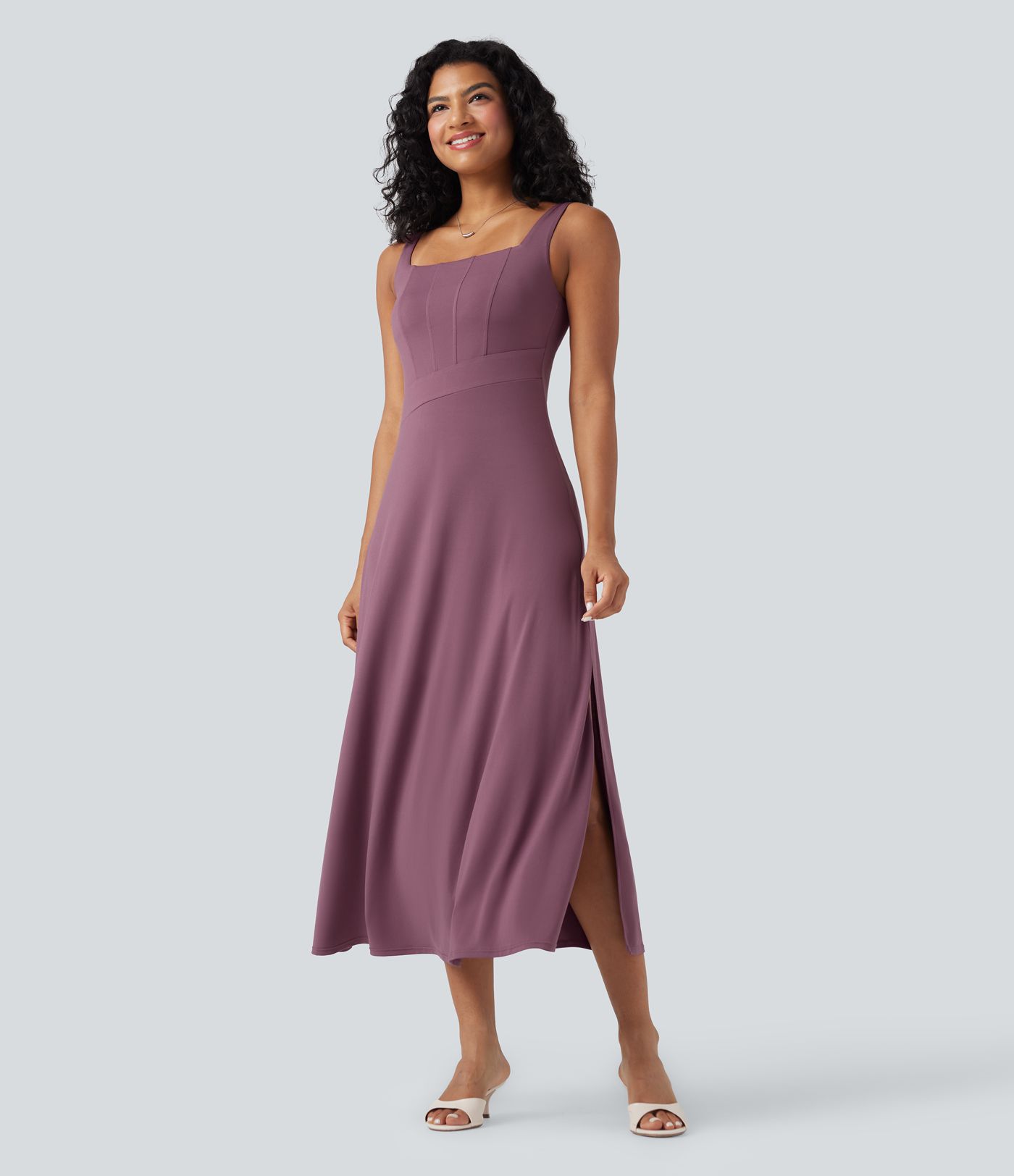 Square Neck Sleeveless Scoop Back Split Midi Dress