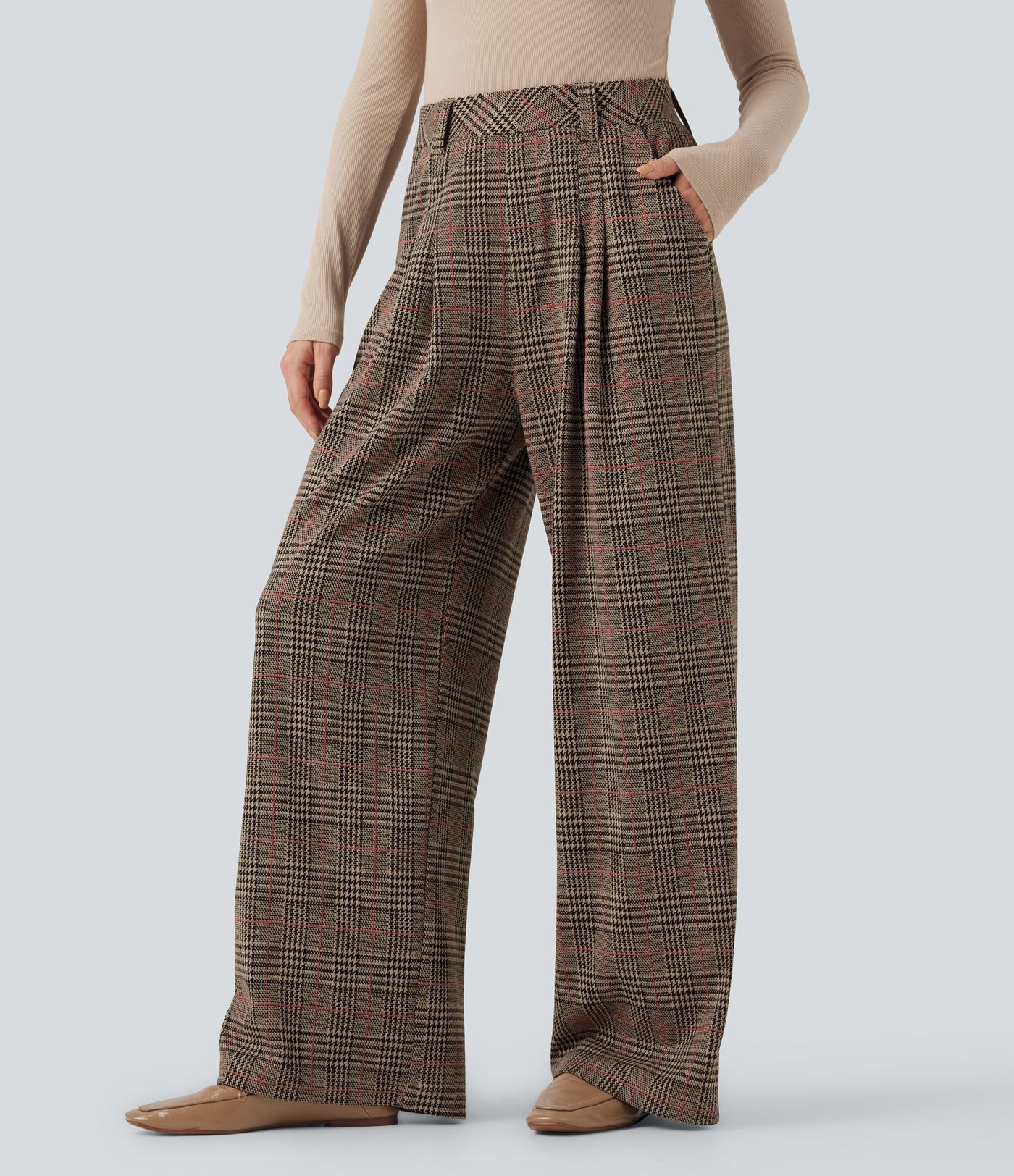 High Waisted Pocket Wide Leg Houndstooth Plaid Casual Pants