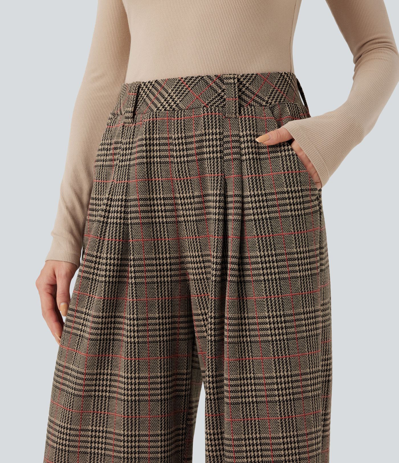 High Waisted Pocket Wide Leg Houndstooth Plaid Casual Pants