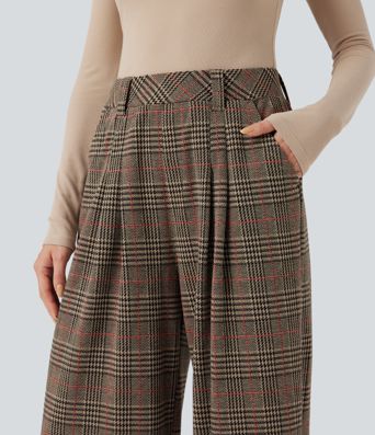 High Waisted Pocket Wide Leg Houndstooth Plaid Casual Pants