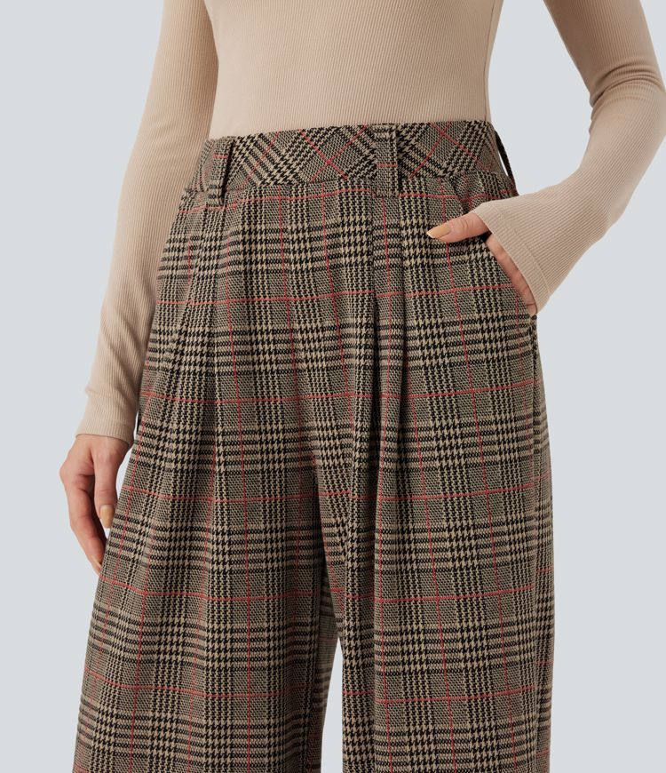 High Waisted Pocket Wide Leg Houndstooth Plaid Casual Pants