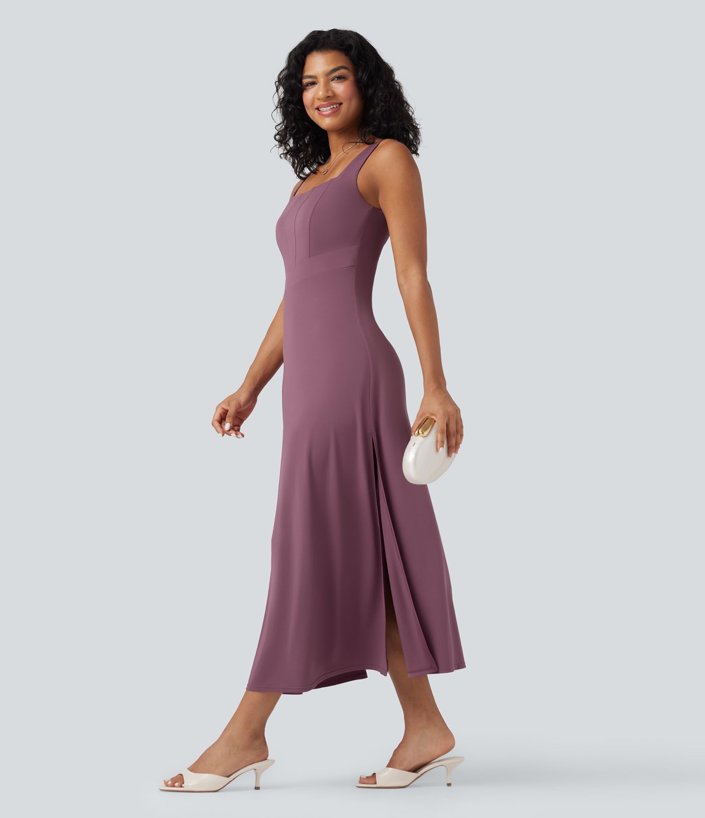 Square Neck Sleeveless Scoop Back Split Midi Dress