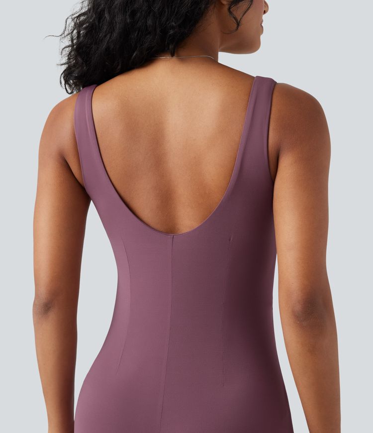 Square Neck Sleeveless Scoop Back Split Midi Dress