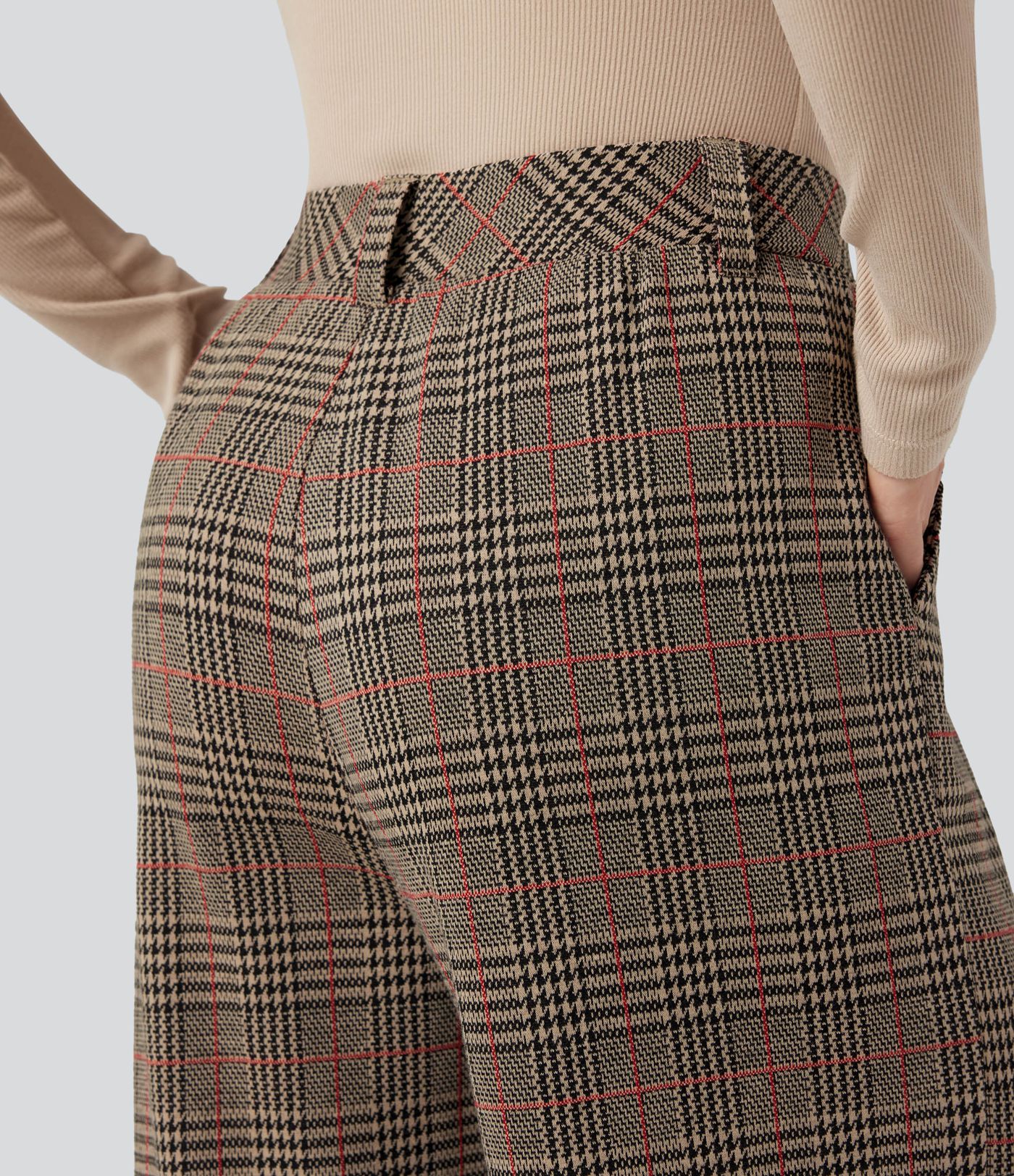 High Waisted Pocket Wide Leg Houndstooth Plaid Casual Pants