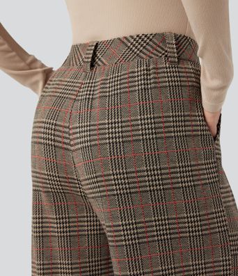 High Waisted Pocket Wide Leg Houndstooth Plaid Casual Pants