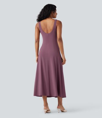 Square Neck Sleeveless Scoop Back Split Midi Dress