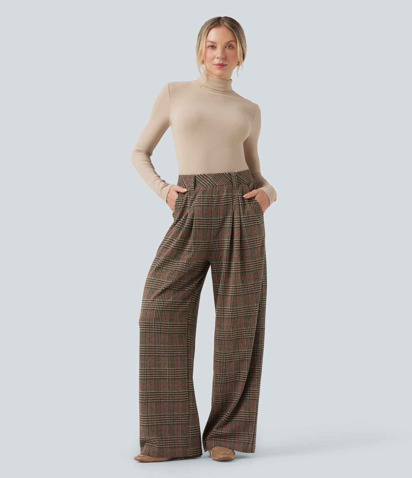 High Waisted Pocket Wide Leg Houndstooth Plaid Casual Pants
