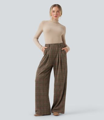 High Waisted Pocket Wide Leg Houndstooth Plaid Casual Pants