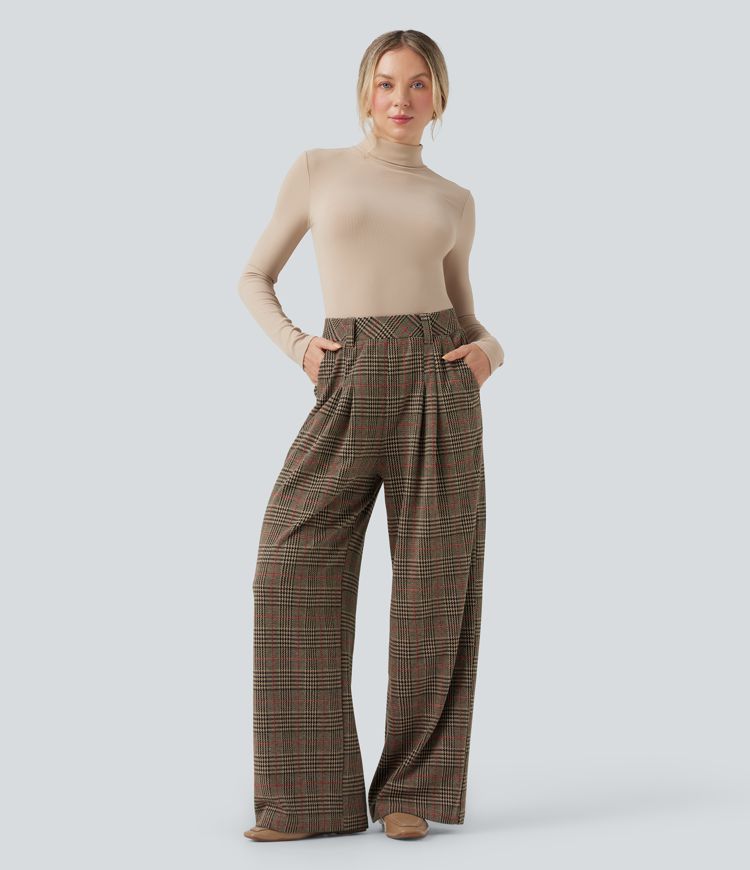 High Waisted Pocket Wide Leg Houndstooth Plaid Casual Pants