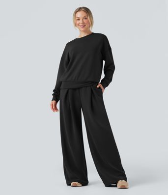 SpacerTek™ Mid Rise Drawstring Crossover Casual Baggy Pants with Pockets