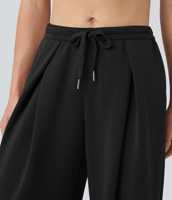 SpacerTek™ Mid Rise Drawstring Crossover Casual Baggy Pants with Pockets