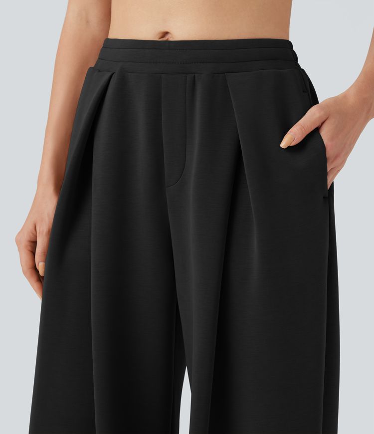 SpacerTek™ Mid Rise Drawstring Crossover Casual Baggy Pants with Pockets