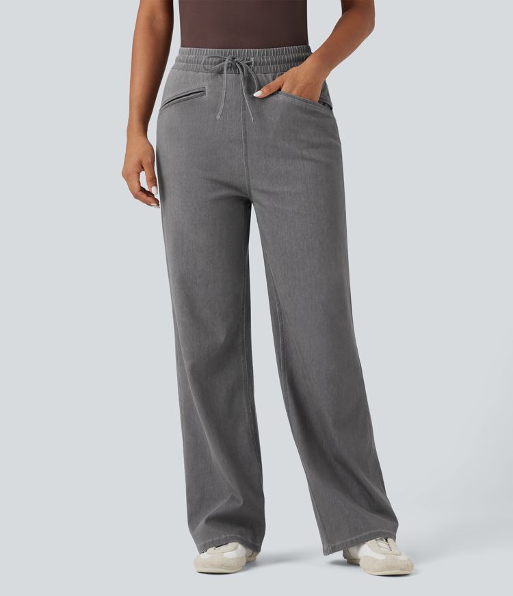 Halara Flex™ High Waisted Drawstring Wide Leg Cool Touch Stretchy Knit Casual Sweatpants Jeans with Pockets