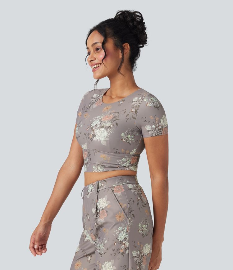 Halara X Yukiko Crisscross Backless Floral Print Cropped Workout Sports Top
