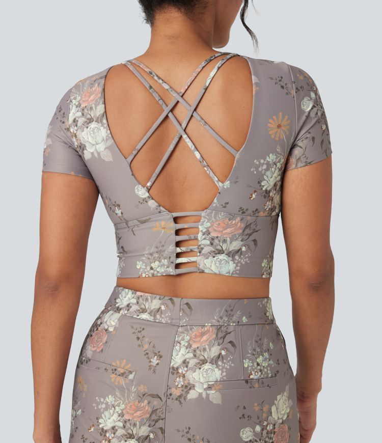 Halara X Yukiko Crisscross Backless Floral Print Cropped Workout Sports Top