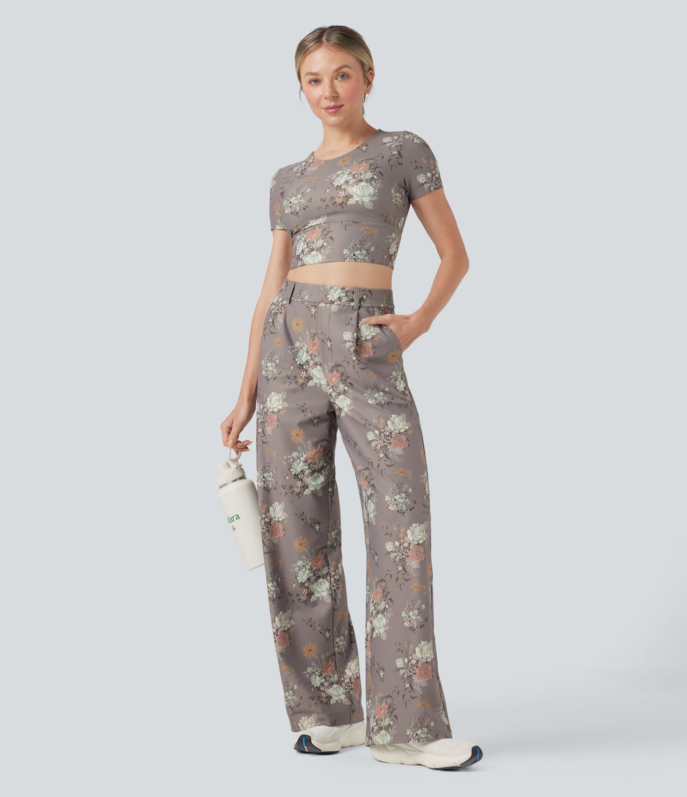 Pantalon décontracté droit à imprimé floral, taille haute Halara X Yukiko, avec poches