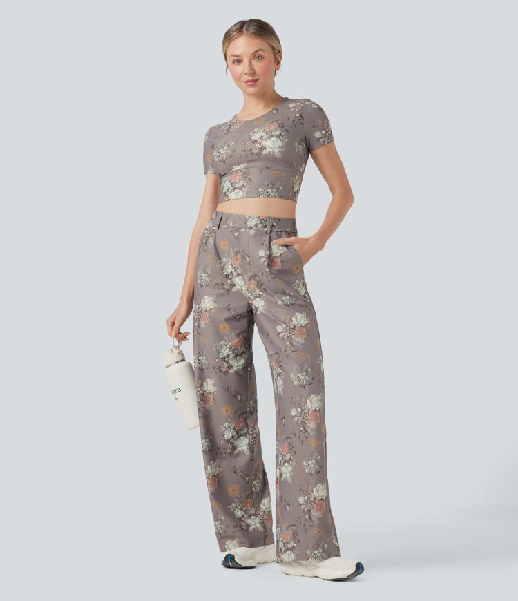 Pantalon décontracté droit à imprimé floral, taille haute Halara X Yukiko, avec poches