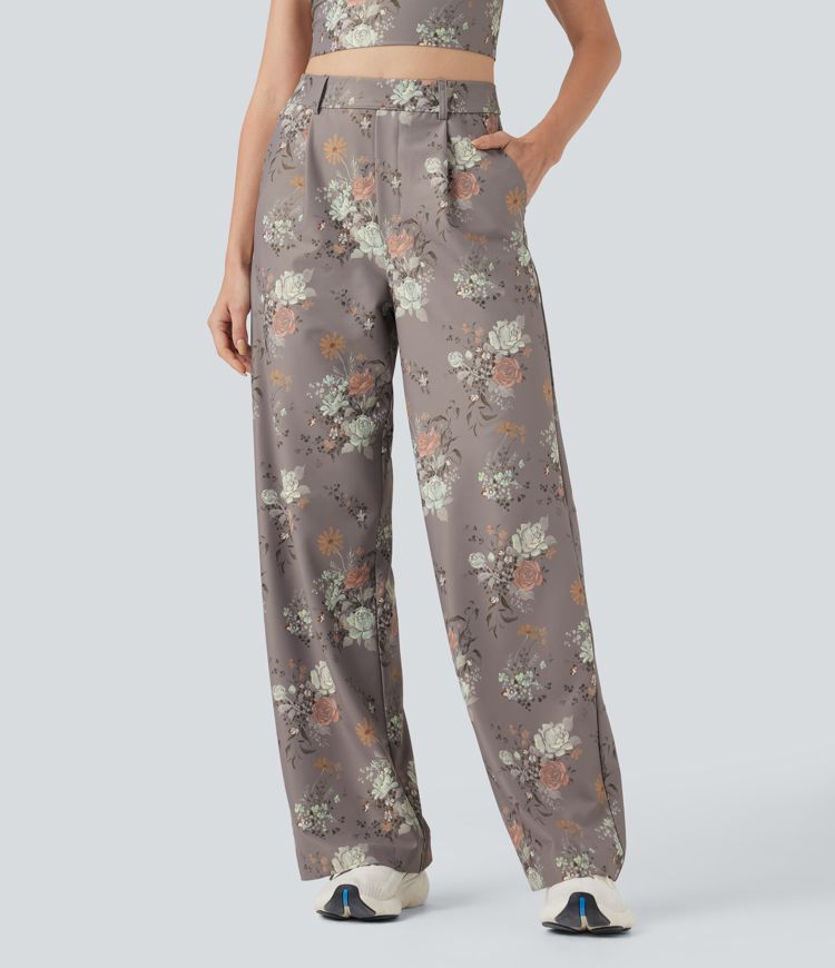 Pantalon décontracté droit à imprimé floral, taille haute Halara X Yukiko, avec poches