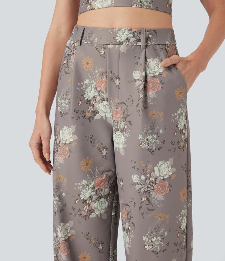 Pantalon décontracté droit à imprimé floral, taille haute Halara X Yukiko, avec poches