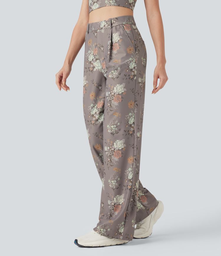 Halara X Yukiko High Waisted Straight Leg Floral Print Casual Pants with Pockets