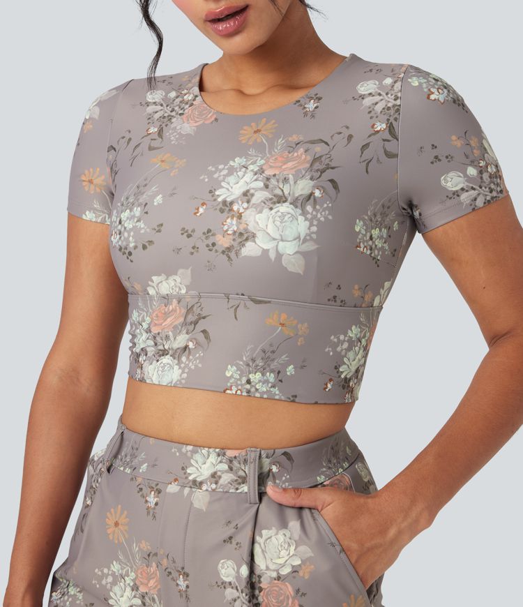 Halara X Yukiko Crisscross Backless Floral Print Cropped Workout Sports Top