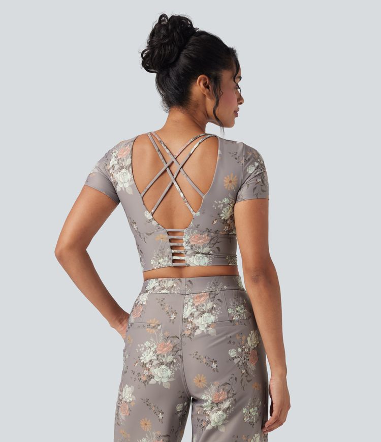 Halara X Yukiko Crisscross Backless Floral Print Cropped Workout Sports Top