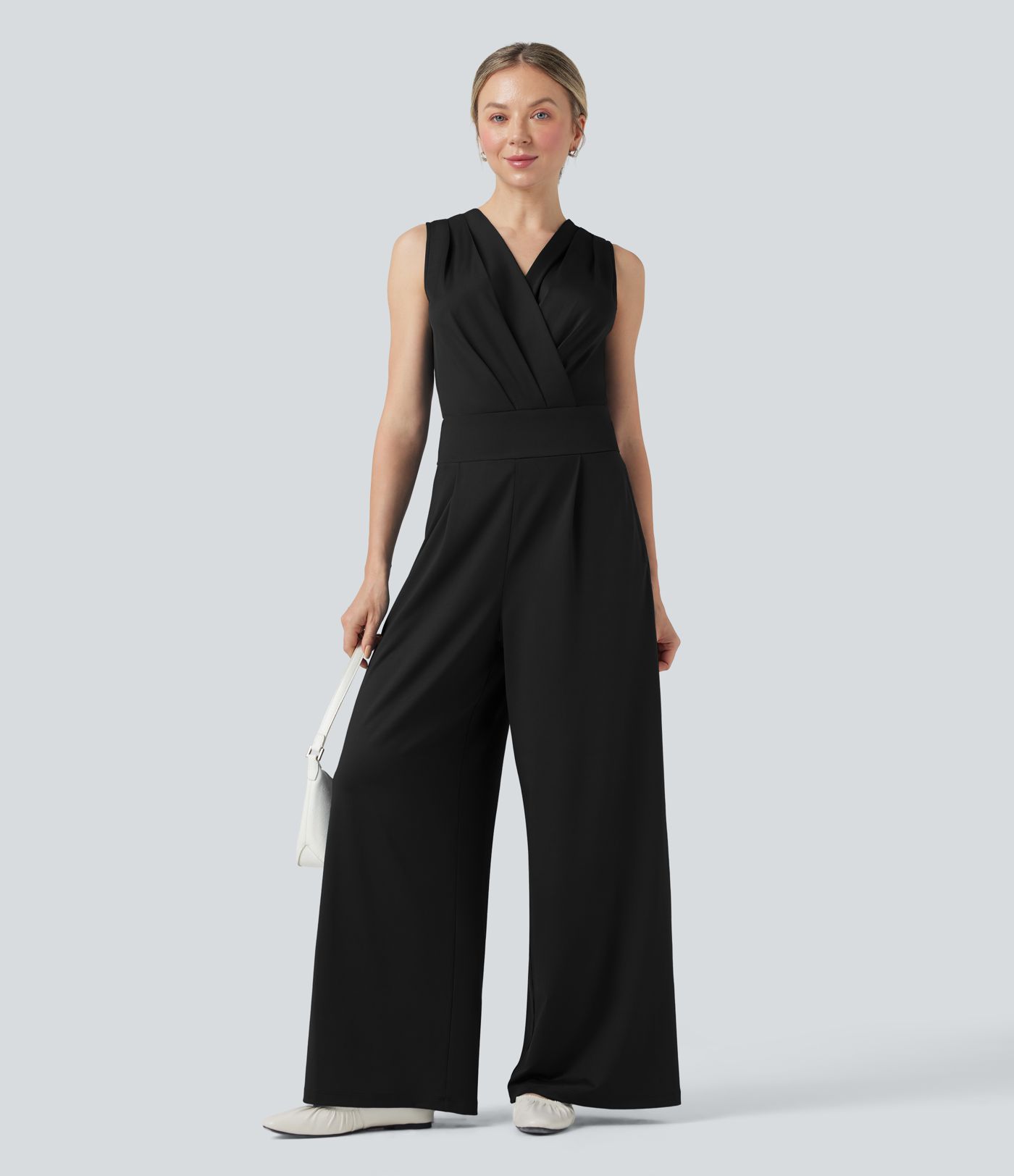 V-neck Sleeveless Pleated Crossover Tummy Control Casual Jumpsuit with Pockets-Easy Peezy