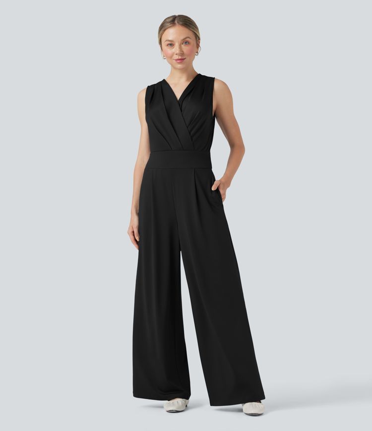 V-neck Sleeveless Pleated Crossover Tummy Control Casual Jumpsuit with Pockets-Easy Peezy