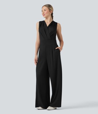 V-neck Sleeveless Pleated Crossover Tummy Control Casual Jumpsuit with Pockets-Easy Peezy