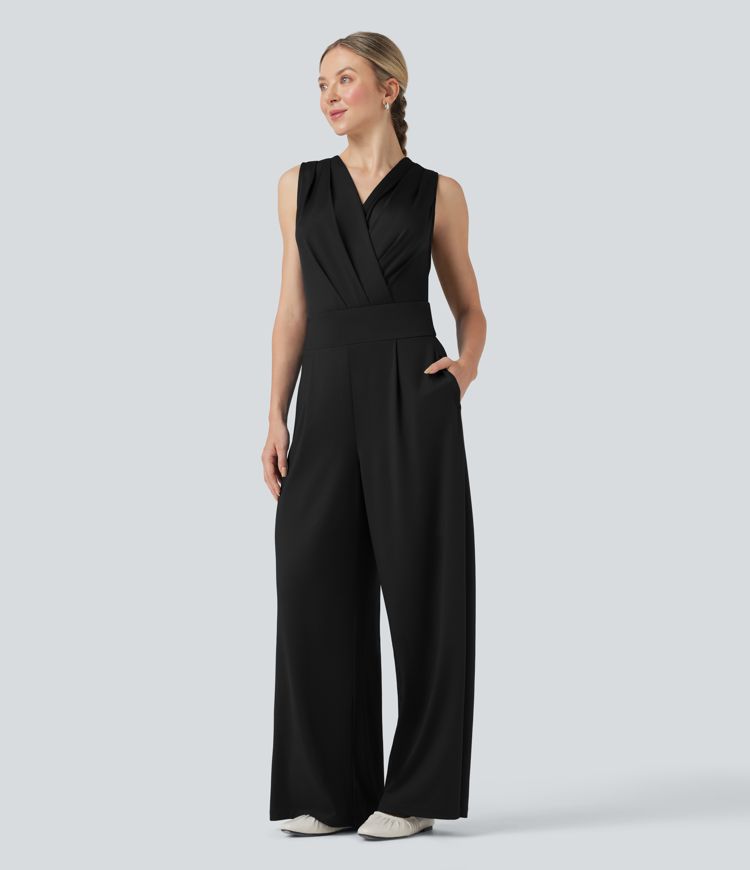 V-neck Sleeveless Pleated Crossover Tummy Control Casual Jumpsuit with Pockets-Easy Peezy