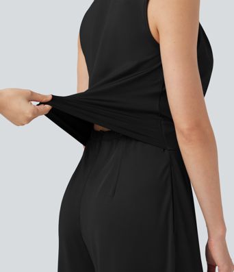 V-neck Sleeveless Pleated Crossover Tummy Control Casual Jumpsuit with Pockets-Easy Peezy