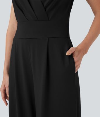 V-neck Sleeveless Pleated Crossover Tummy Control Casual Jumpsuit with Pockets-Easy Peezy