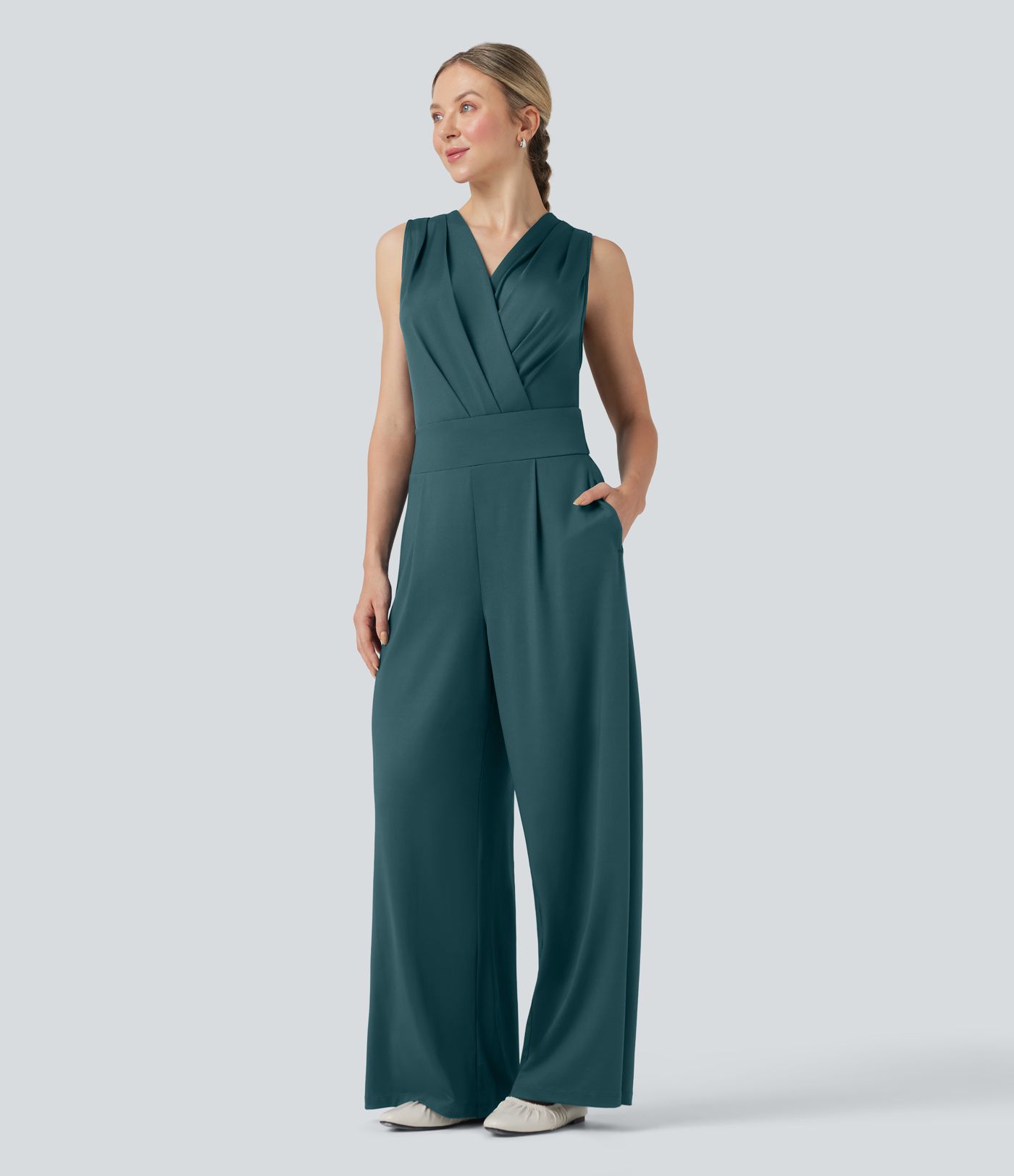 V-neck Sleeveless Pleated Crossover Tummy Control Casual Jumpsuit with Pockets-Easy Peezy