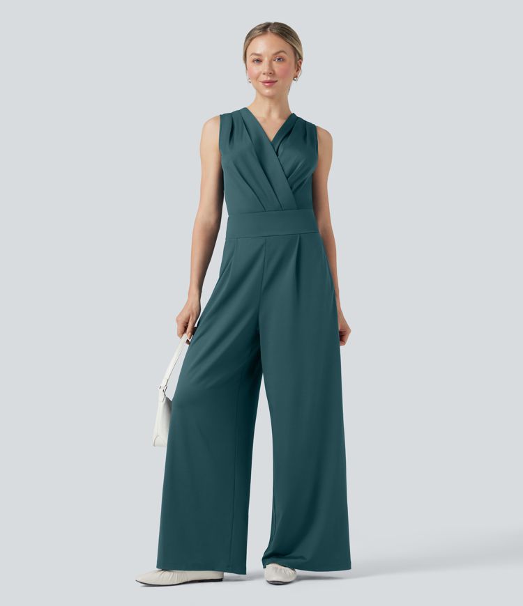 V-neck Sleeveless Pleated Crossover Tummy Control Casual Jumpsuit with Pockets-Easy Peezy