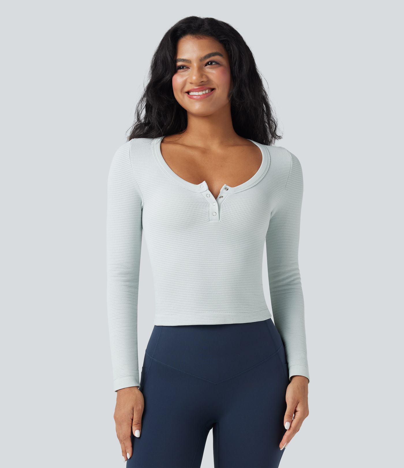 OneForm - Enganliegendes Yoga-Sport-Top aus Waffelstoff mit Henley-Ausschnitt, langen Ärmeln und nahtlosem Flow