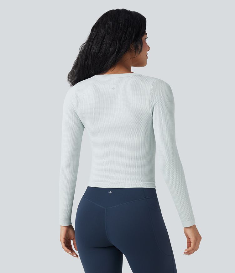OneForm - Enganliegendes Yoga-Sport-Top aus Waffelstoff mit Henley-Ausschnitt, langen Ärmeln und nahtlosem Flow