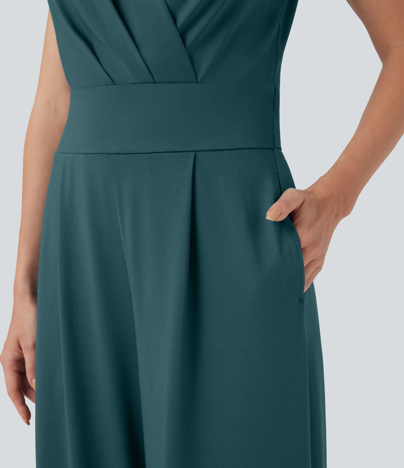 V-neck Sleeveless Pleated Crossover Tummy Control Casual Jumpsuit with Pockets-Easy Peezy