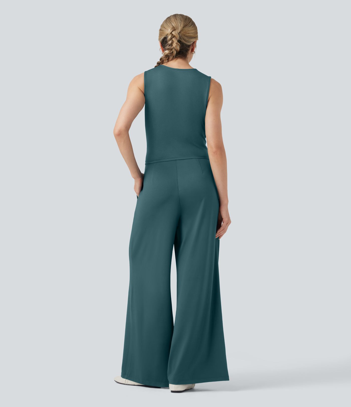 V-neck Sleeveless Pleated Crossover Tummy Control Casual Jumpsuit with Pockets-Easy Peezy