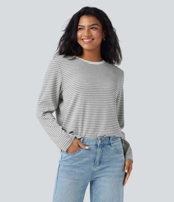 Round Neck Long Sleeve Stripes Relaxed Casual Top