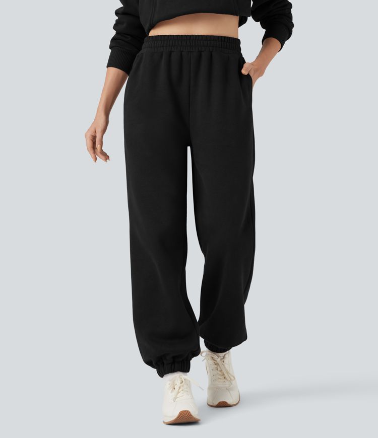 Foldover High Waisted Drawstring Fleece Casual Joggers with Pockets