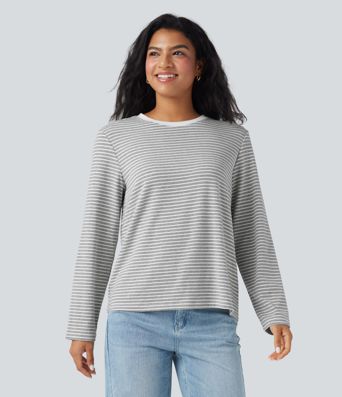 Round Neck Long Sleeve Stripes Relaxed Casual Top