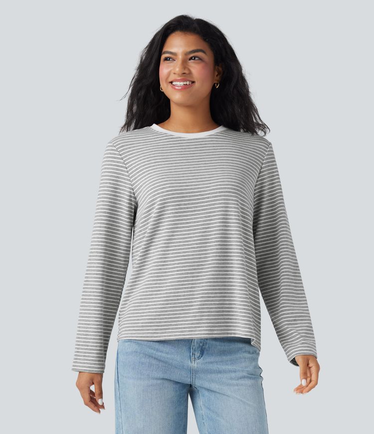 Round Neck Long Sleeve Stripes Relaxed Casual Top
