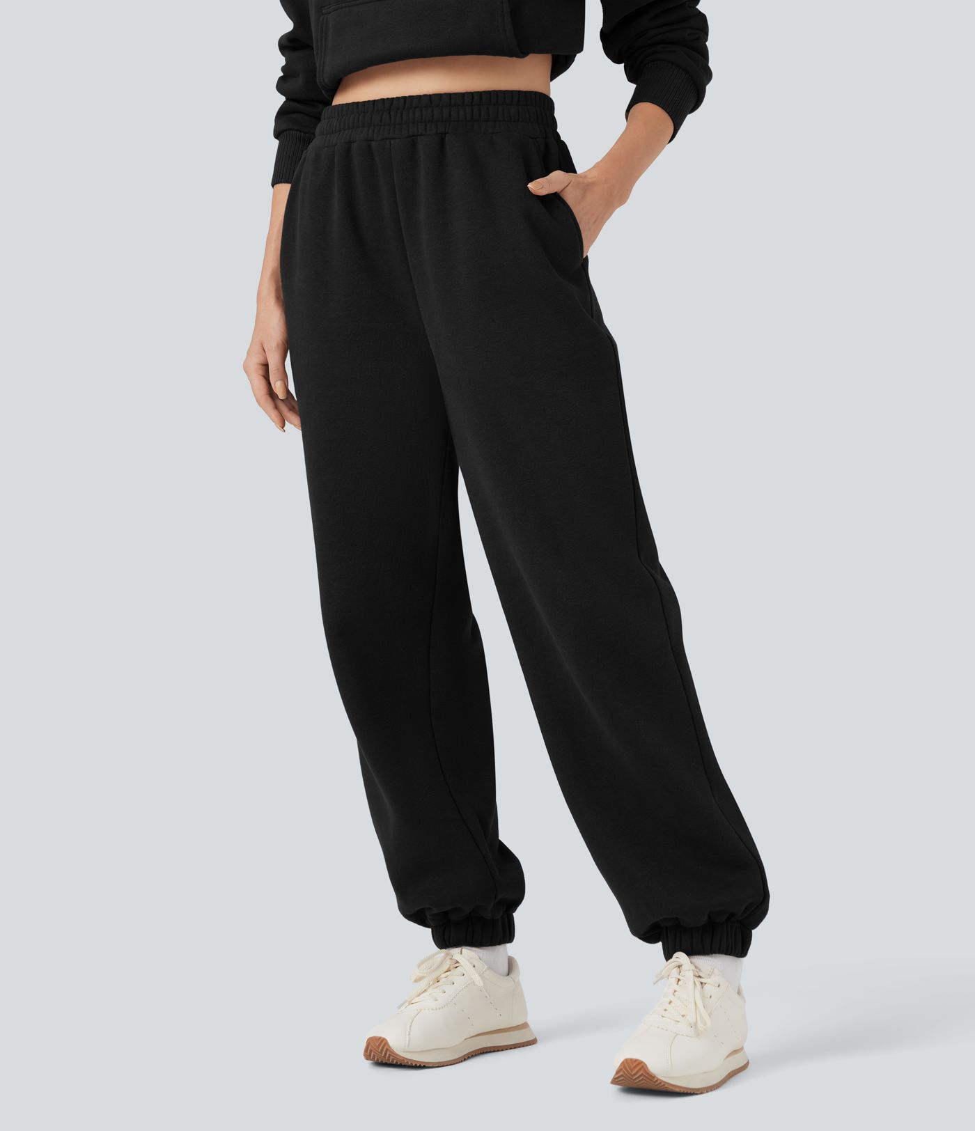 Foldover High Waisted Drawstring Fleece Casual Joggers with Pockets
